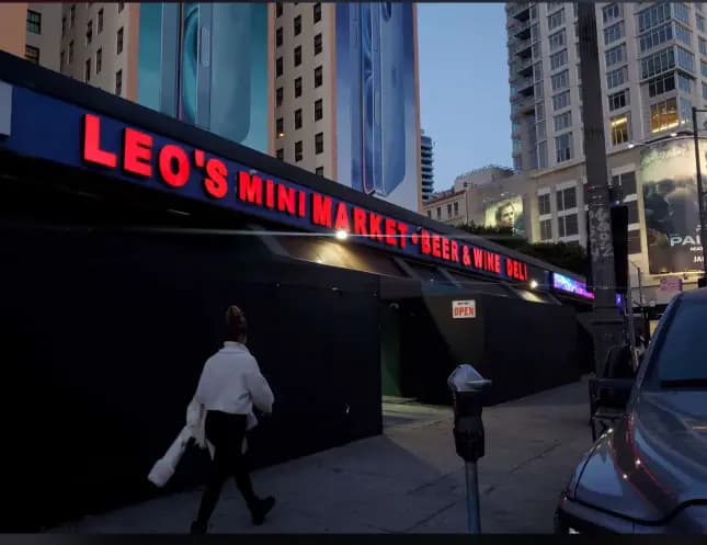 Exterior view of Leo's Mini Market Beer and Wine store.